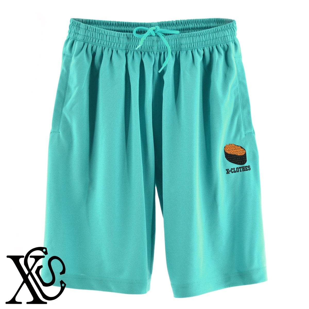 寿司いくら2柄 刺繍 4.4oz ドライ ハーフパンツ メンズ レディース ショートパンツ 大きいサイズあり【X-CLOTHES】オリジナル グッズ 刺繍 ワンポイント 雑貨【b 黒、31紺、32青、10赤、112ワイン、187灰】【g 白、34ターコイズ】 【9趣味料理-料理】
