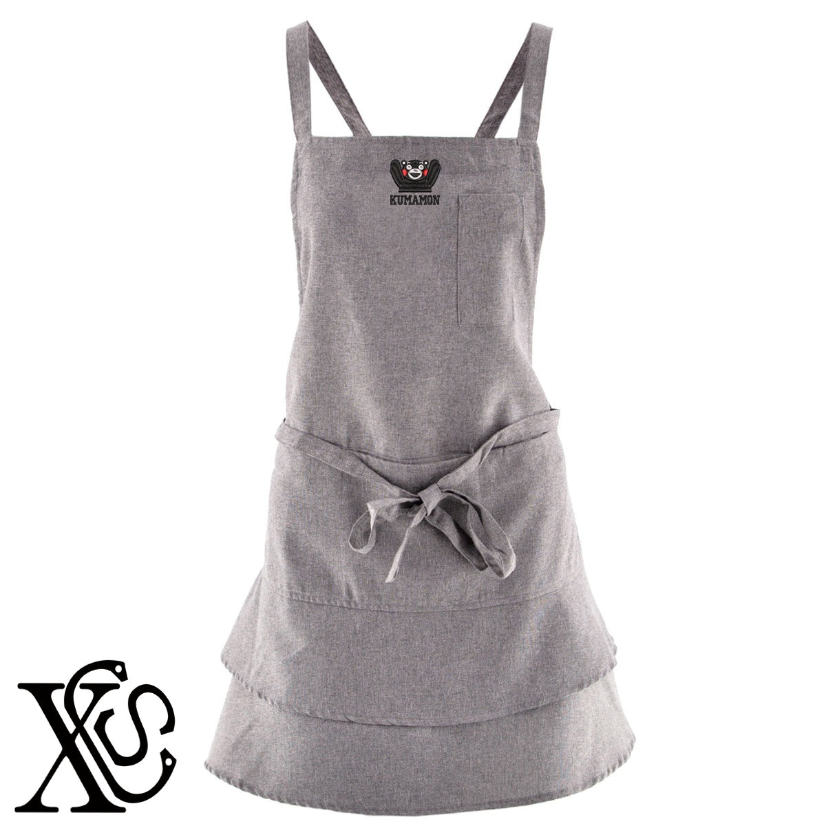 くまモン129柄 刺繍 フリル ティアード エプロン ワンピース レディース 撥水加工 カフェ 業務用 おしゃれ 飲食店 仕事用 サロン【X-CLOTHES】オリジナル グッズ 刺繍 ワンポイント 雑貨【b 杢ベージュ 杢グレー ブラック】 【4くまモン-A】