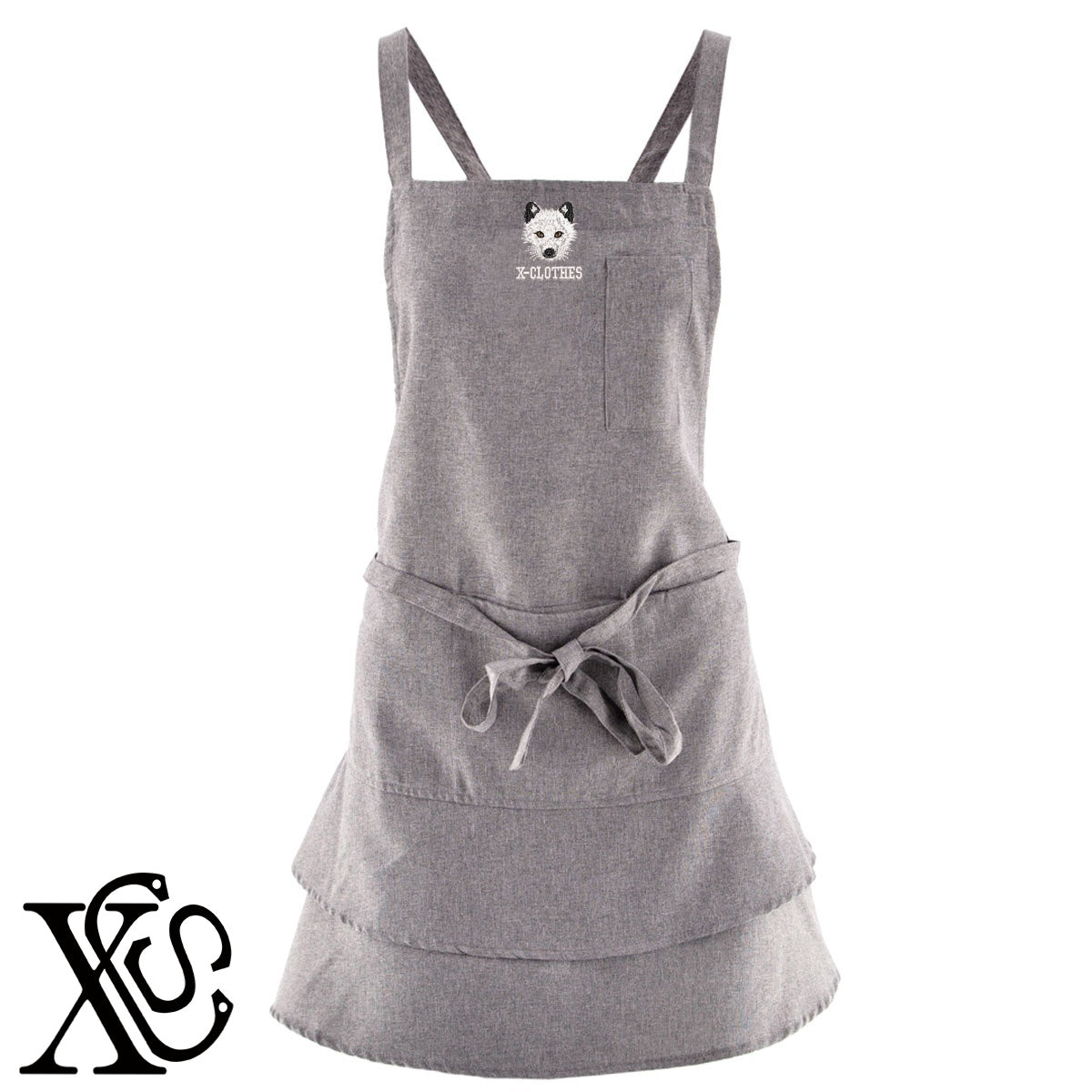 北極キツネ2柄 刺繍 フリル ティアード エプロン ワンピース レディース 撥水加工 カフェ 業務用 おしゃれ 飲食店 仕事用 サロン【X-CLOTHES】オリジナル グッズ 刺繍 ワンポイント 雑貨【b 杢ベージュ 杢グレー ブラック】 【6動物鳥魚-猛獣】