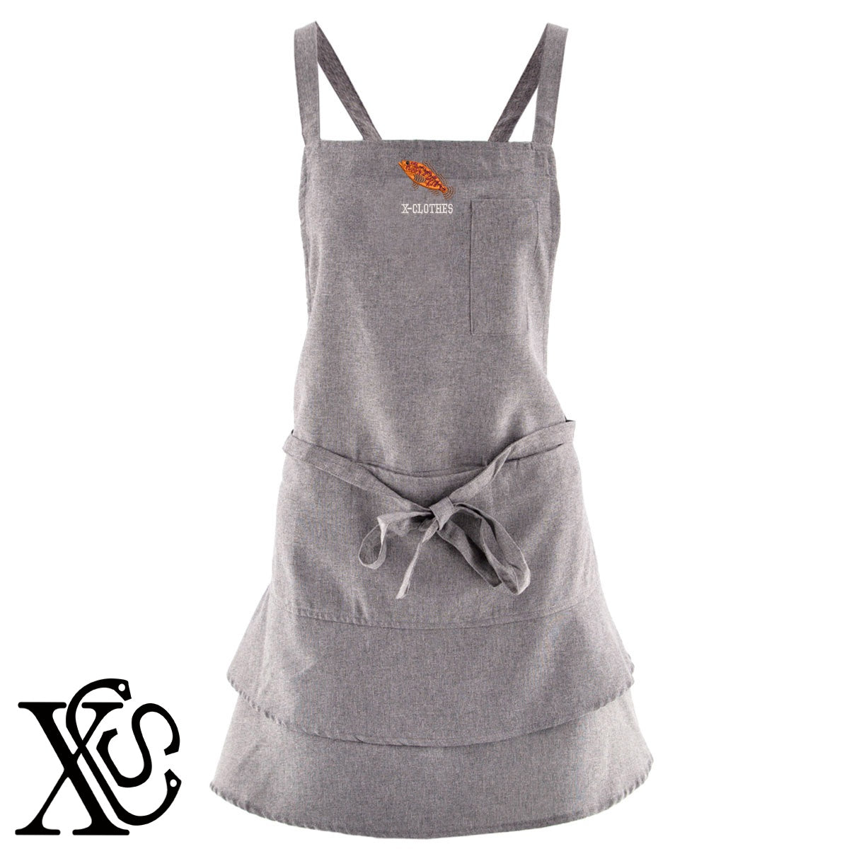 キジハタ2柄 刺繍 フリル ティアード エプロン ワンピース レディース 撥水加工 カフェ 業務用 おしゃれ 飲食店 仕事用 サロン【X-CLOTHES】オリジナル グッズ 刺繍 ワンポイント 雑貨【b 杢ベージュ 杢グレー ブラック】 【6動物鳥魚-釣り魚】
