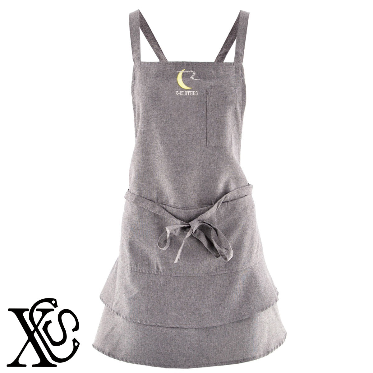 三日月2柄 刺繍 フリル ティアード エプロン ワンピース レディース 撥水加工 カフェ 業務用 おしゃれ 飲食店 仕事用 サロン【X-CLOTHES】オリジナル グッズ 刺繍 ワンポイント 雑貨【b 杢ベージュ 杢グレー ブラック】 【9趣味料理-面白】