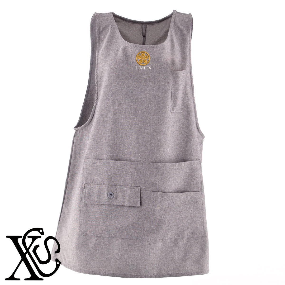 57丸に梅鉢柄 刺繍 ミドル エプロン ワンピース レディース 撥水加工 カフェ 業務用 保育士 介護士 飲食店 マタニティ サロペット 大きいサイズ【X-CLOTHES】オリジナル グッズ 刺繍 ワンポイント 雑貨【b 杢ベージュ 杢グレー ブラック】 【7家紋お祝-家紋41-80】