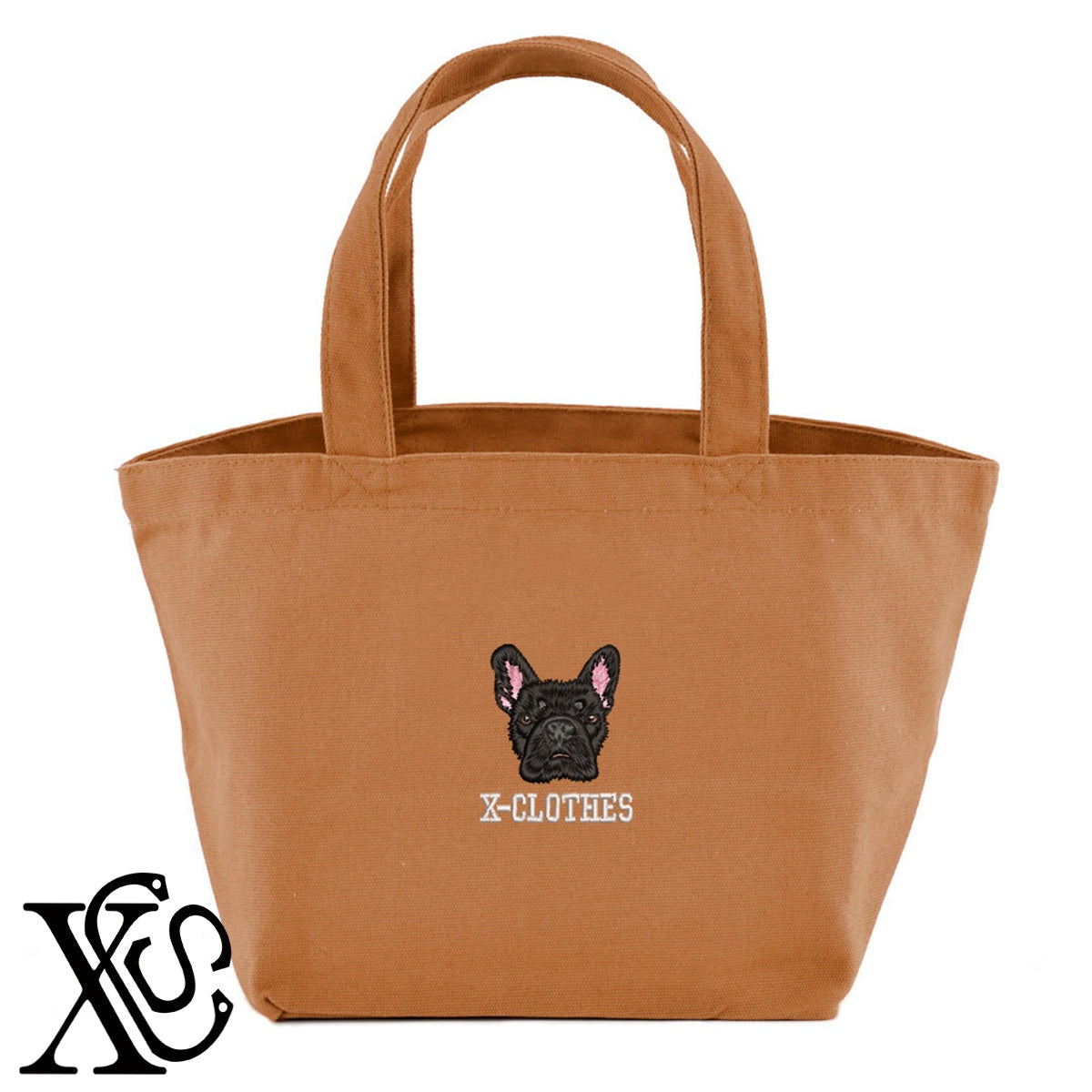 フレンチブルドッグ6柄 刺繍 キャンバス生地 ランチ ミニ トートバッグ レディース メンズ【X-CLOTHES】オリジナル グッズ 刺繍 ワンポイント 雑貨【b Black Camel】【g Natural Gray】 【10犬猫図鑑-犬図鑑-C】