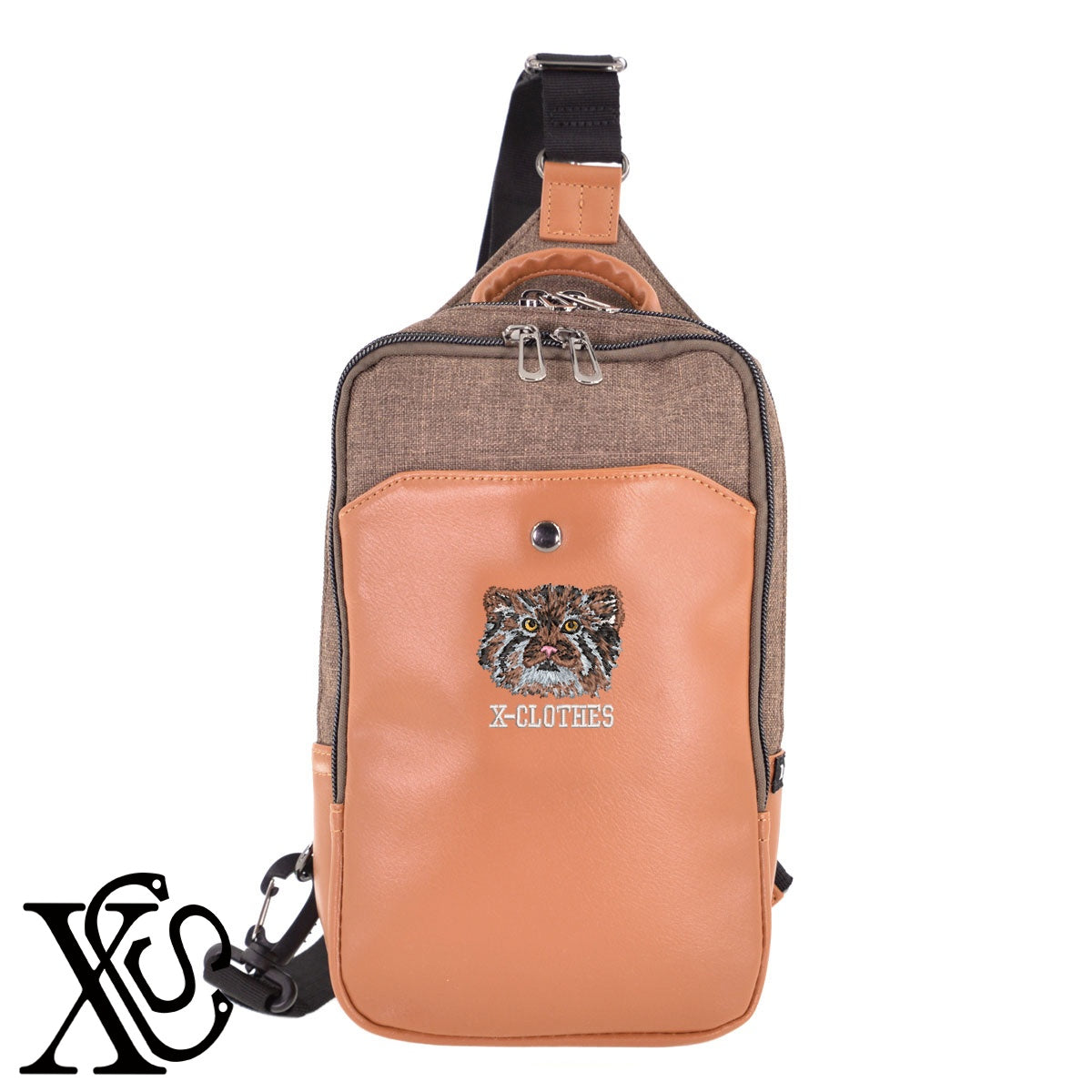 マヌルネコ2柄 刺繍 カジュアル ワンショルダー ボディバッグ メンズ【X-CLOTHES】オリジナル グッズ 刺繍 ワンポイント 雑貨【b ネイビー ブラウン ブラック】 【1各種動物-天然記念物】