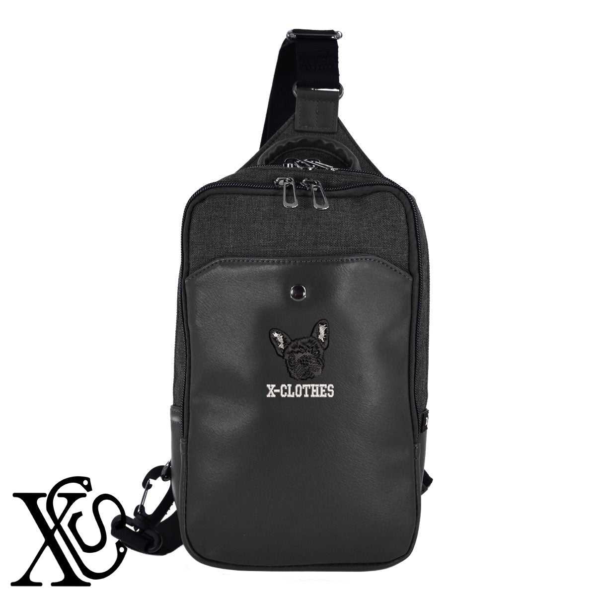 フレンチブルドッグ2柄 刺繍 カジュアル ワンショルダー ボディバッグ メンズ【X-CLOTHES】オリジナル グッズ 刺繍 ワンポイント 雑貨【b ネイビー ブラウン ブラック】 【1各種動物-犬類】