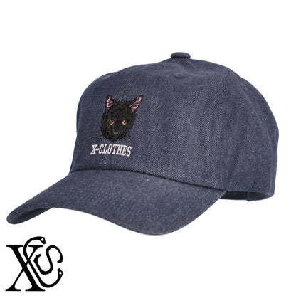 黒猫5柄 刺繍 綿 帽子 キャップ メンズ レディース でかい 大きいサイズ 子供 キッズ【X-CLOTHES】オリジナル グッズ 刺繍 ワンポイント 雑貨【b  BLK、NVYデニム】【g WHT、BEG】 【10犬猫図鑑-猫図鑑-B】