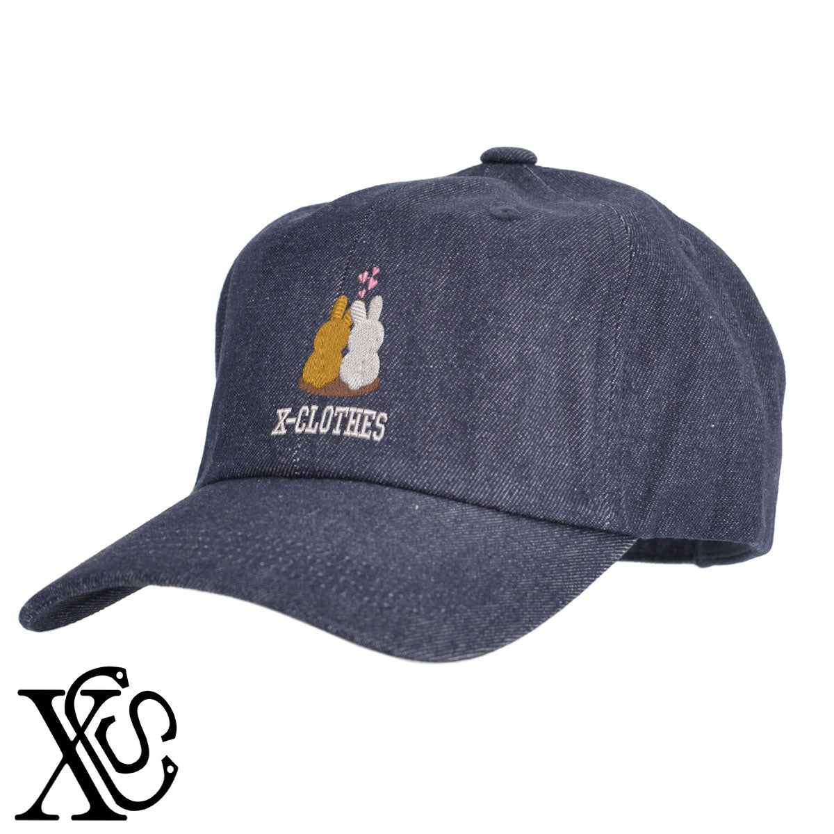 ラブうさぎ4柄 刺繍 綿 帽子 キャップ メンズ レディース でかい 大きいサイズ 子供 キッズ【X-CLOTHES】オリジナル グッズ 刺繍 ワンポイント 雑貨【b  BLK、NVYデニム】【g WHT、BEG】 【2植物ロゴ-キャラクター】