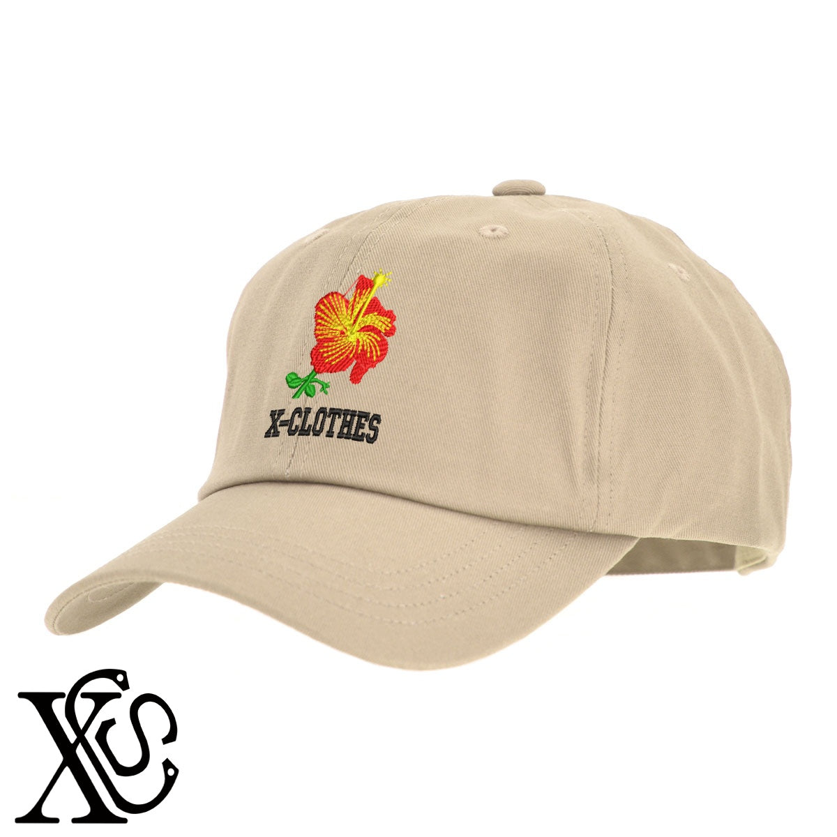 ハイビスカス3柄 刺繍 綿 帽子 キャップ メンズ レディース でかい 大きいサイズ 子供 キッズ【X-CLOTHES】オリジナル グッズ 刺繍 ワンポイント 雑貨【b  BLK、NVYデニム】【g WHT、BEG】 【2植物ロゴ-植物】