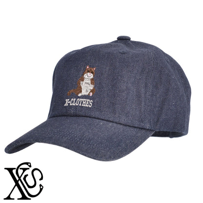 不機嫌ニャン2柄 刺繍 綿 帽子 キャップ メンズ レディース でかい 大きいサイズ 子供 キッズ【X-CLOTHES】オリジナル グッズ 刺繍 ワンポイント 雑貨【b  BLK、NVYデニム】【g WHT、BEG】 【9趣味料理-笑える】