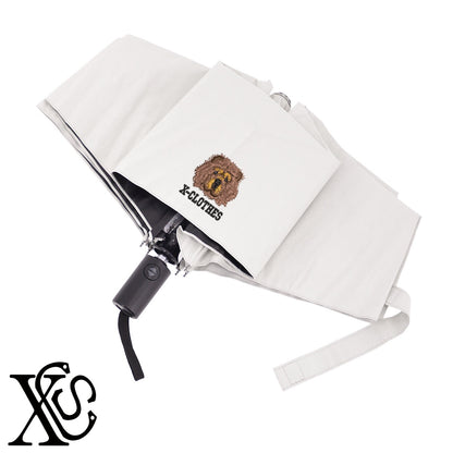 チャウチャウ2柄 刺繍 【形状記憶+自動開閉】 折りたたみ傘 レディース メンズ 55cm 晴雨兼用 UVカット99.9％ 一級遮光 遮熱 強風 耐風【X-CLOTHES】オリジナル グッズ 刺繍 ワンポイント 雑貨【b ブラック、スモークブルー】【g ライトグレー、オフホワイト】 【10犬猫図鑑-犬図鑑-B】