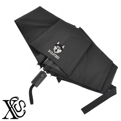 ハスキー2柄 刺繍 【形状記憶+自動開閉】 折りたたみ傘 レディース メンズ 55cm 晴雨兼用 UVカット99.9％ 一級遮光 遮熱 強風 耐風【X-CLOTHES】オリジナル グッズ 刺繍 ワンポイント 雑貨【b ブラック、スモークブルー】【g ライトグレー、オフホワイト】 【1各種動物-犬類】