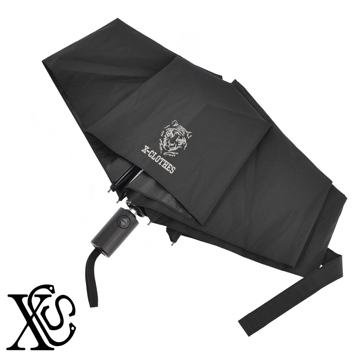 虎4柄 刺繍 【形状記憶+自動開閉】 折りたたみ傘 レディース メンズ 55cm 晴雨兼用 UVカット99.9％ 一級遮光 遮熱 強風 耐風【X-CLOTHES】オリジナル グッズ 刺繍 ワンポイント 雑貨【b ブラック、スモークブルー】【g ライトグレー、オフホワイト】 【1各種動物-猛獣】