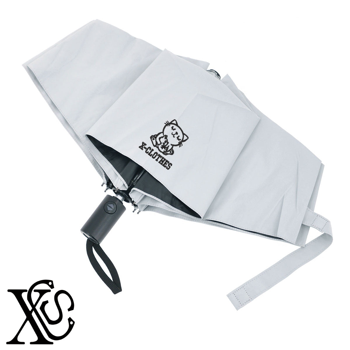 猫親子2柄 刺繍 【形状記憶+自動開閉】 折りたたみ傘 レディース メンズ 55cm 晴雨兼用 UVカット99.9％ 一級遮光 遮熱 強風 耐風【X-CLOTHES】オリジナル グッズ 刺繍 ワンポイント 雑貨【b ブラック、スモークブルー】【g ライトグレー、オフホワイト】 【1各種動物-猫】