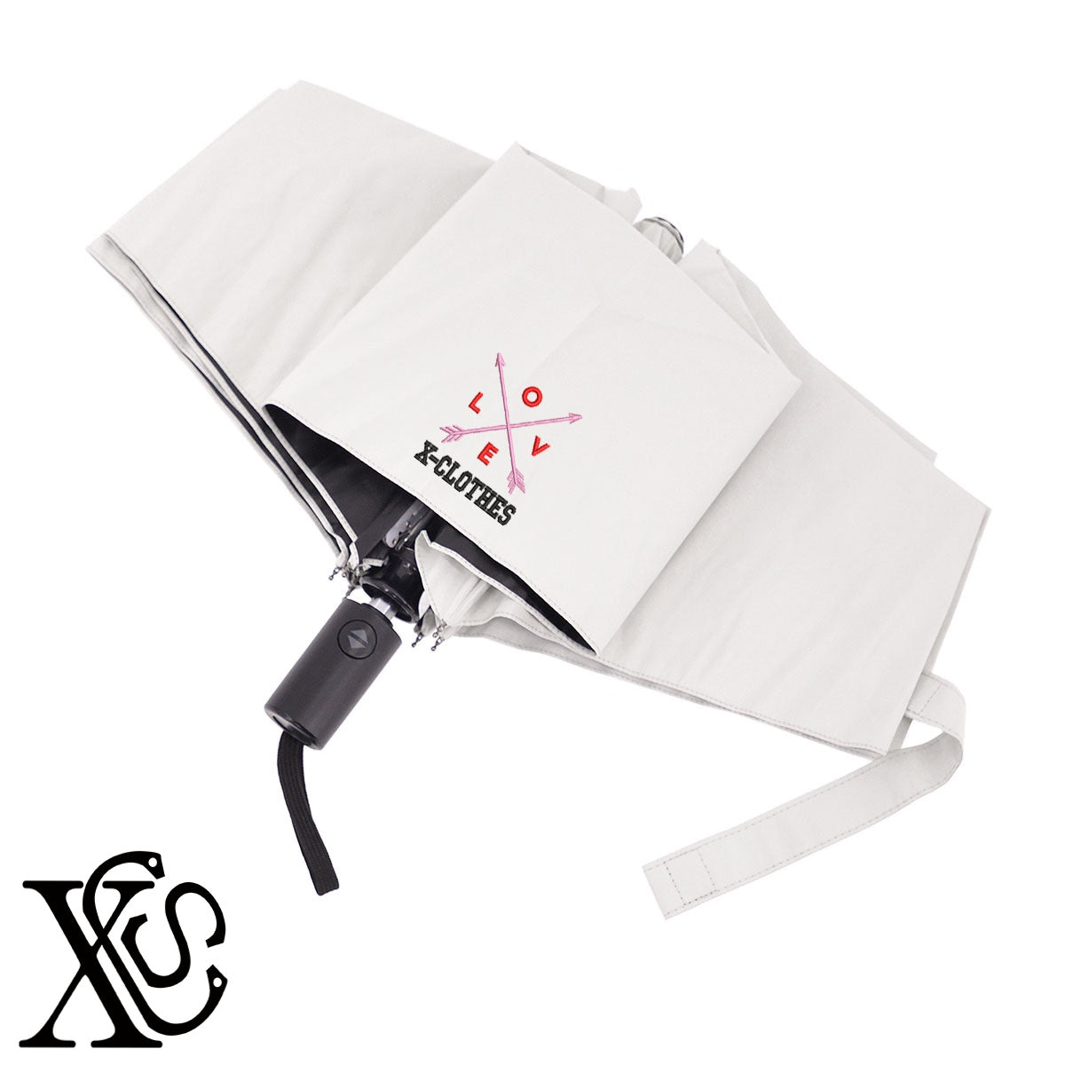 Love3柄 刺繍 【形状記憶+自動開閉】 折りたたみ傘 レディース メンズ 55cm 晴雨兼用 UVカット99.9％ 一級遮光 遮熱 強風 耐風【X-CLOTHES】オリジナル グッズ 刺繍 ワンポイント 雑貨【b ブラック、スモークブルー】【g ライトグレー、オフホワイト】 【2植物ロゴ-モチーフ】