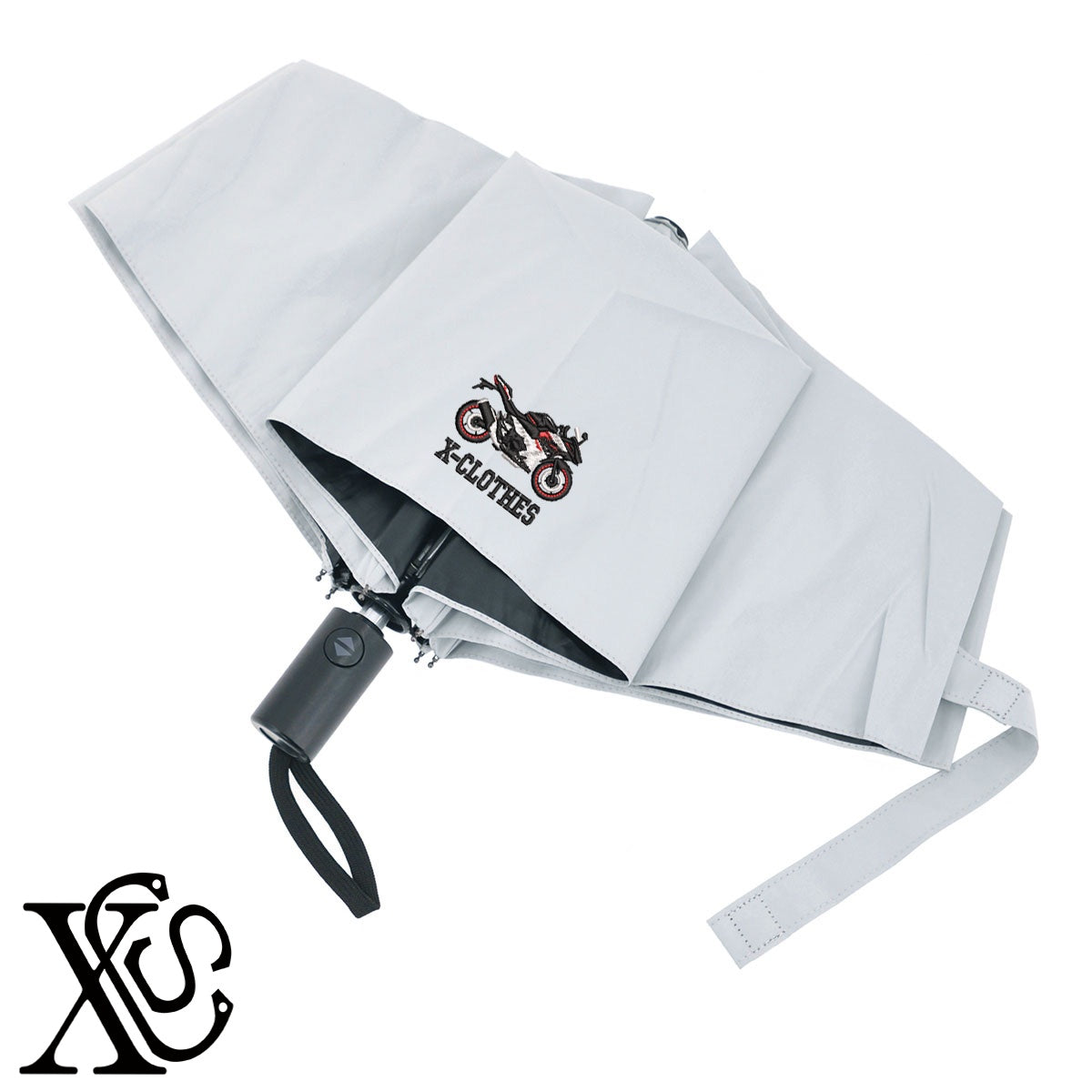 バイク3柄 刺繍 【形状記憶+自動開閉】 折りたたみ傘 レディース メンズ 55cm 晴雨兼用 UVカット99.9％ 一級遮光 遮熱 強風 耐風【X-CLOTHES】オリジナル グッズ 刺繍 ワンポイント 雑貨【b ブラック、スモークブルー】【g ライトグレー、オフホワイト】 【2植物ロゴ-乗り物】