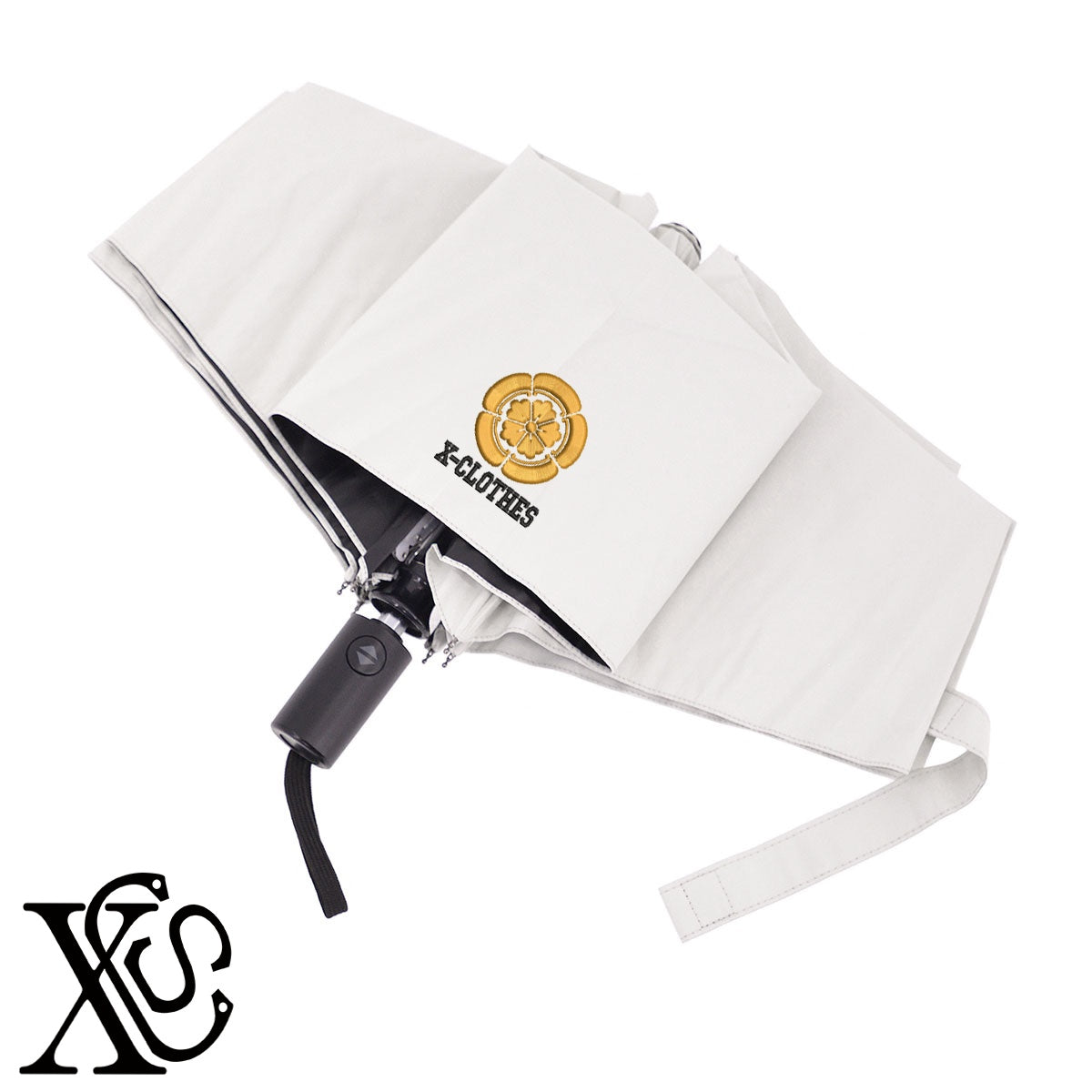 82五瓜に唐花柄 刺繍 【形状記憶+自動開閉】 折りたたみ傘 レディース メンズ 55cm 晴雨兼用 UVカット99.9％ 一級遮光 遮熱 強風 耐風【X-CLOTHES】オリジナル グッズ 刺繍 ワンポイント 雑貨【b ブラック、スモークブルー】【g ライトグレー、オフホワイト】 【7家紋お祝-家紋81-120】