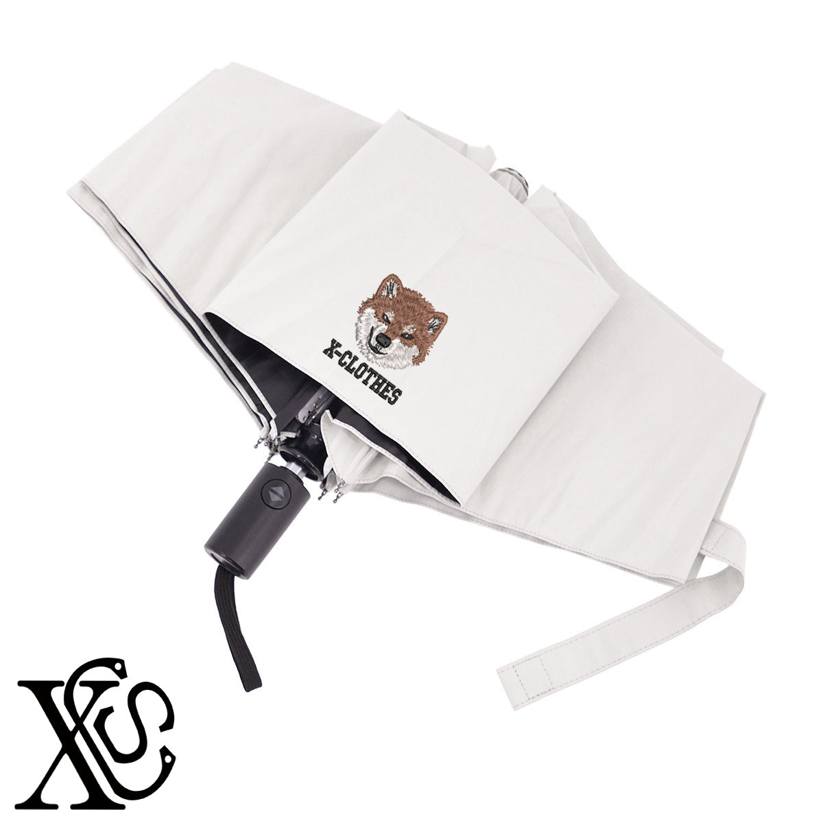 真犯人ワン2柄 刺繍 【形状記憶+自動開閉】 折りたたみ傘 レディース メンズ 55cm 晴雨兼用 UVカット99.9％ 一級遮光 遮熱 強風 耐風【X-CLOTHES】オリジナル グッズ 刺繍 ワンポイント 雑貨【b ブラック、スモークブルー】【g ライトグレー、オフホワイト】 【9趣味料理-笑える】