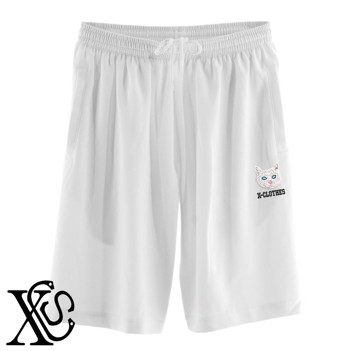 白猫2柄 刺繍 4.4oz ドライ ハーフパンツ メンズ レディース ショートパンツ 大きいサイズあり【X-CLOTHES】オリジナル グッズ 刺繍 ワンポイント 雑貨【b  黒、31紺、32青、10赤、112ワイン、187灰】【g 白、34ターコイズ】 【10犬猫図鑑-猫図鑑-B】