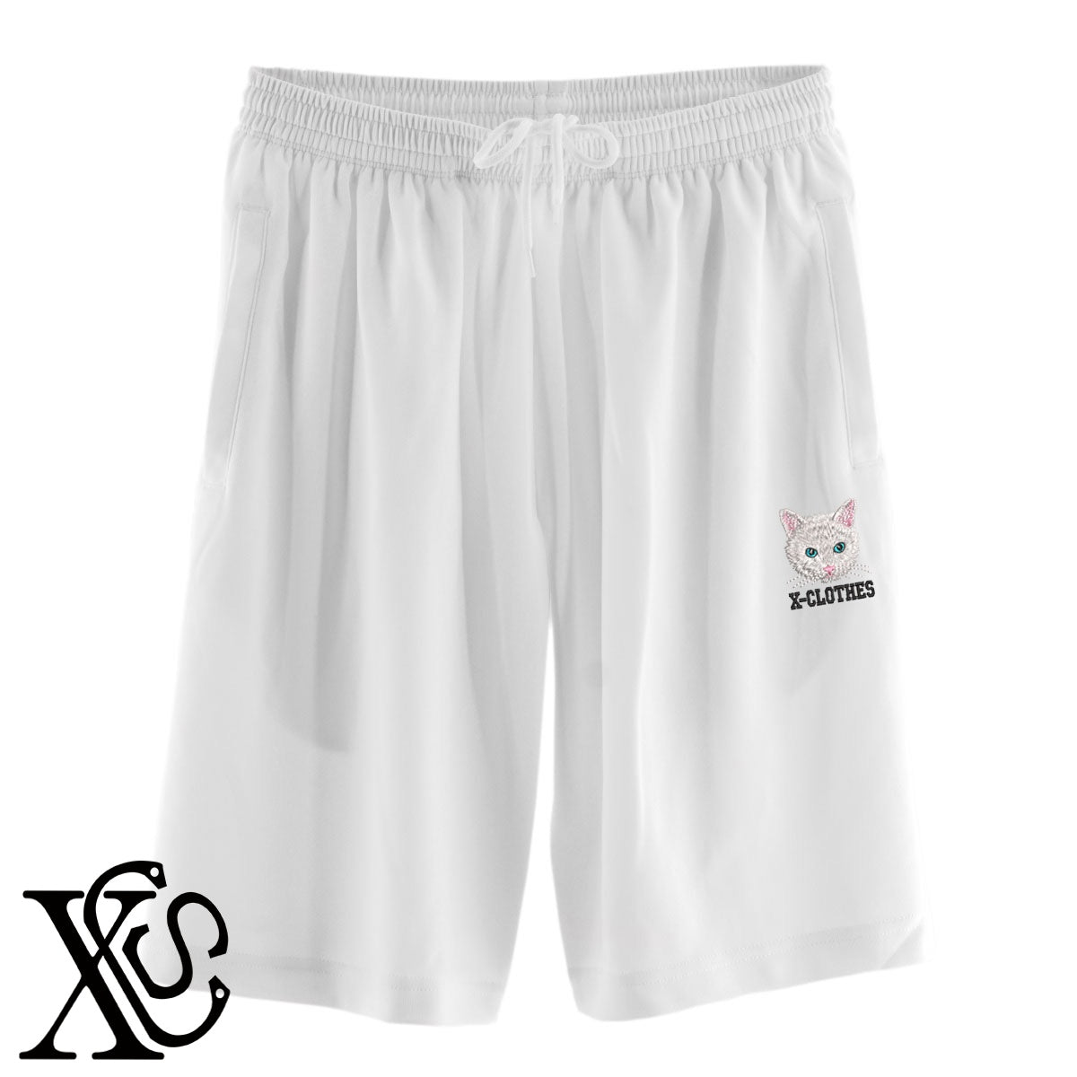 白猫5柄 刺繍 4.4oz ドライ ハーフパンツ メンズ レディース ショートパンツ 大きいサイズあり【X-CLOTHES】オリジナル グッズ 刺繍 ワンポイント 雑貨【b  黒、31紺、32青、10赤、112ワイン、187灰】【g 白、34ターコイズ】 【10犬猫図鑑-猫図鑑-B】