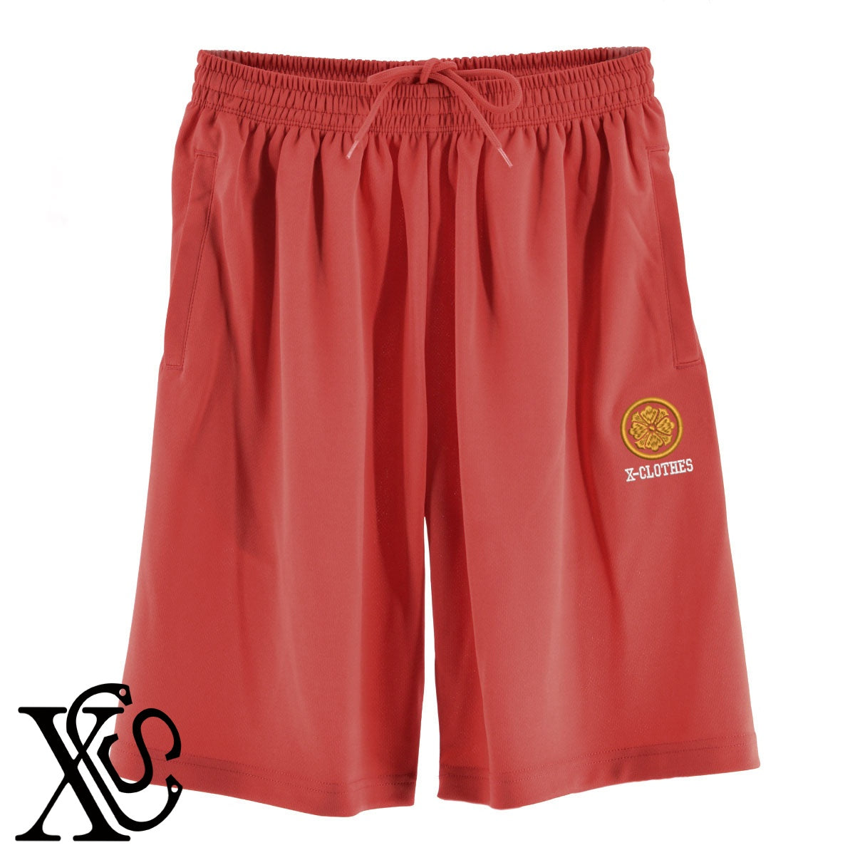 43丸に四方剣花菱柄 刺繍 4.4oz ドライ ハーフパンツ メンズ レディース ショートパンツ 大きいサイズあり【X-CLOTHES】オリジナル グッズ 刺繍 ワンポイント 雑貨【b  黒、31紺、32青、10赤、112ワイン、187灰】【g 白、34ターコイズ】 【7家紋お祝-家紋41-80】