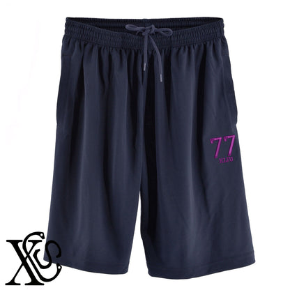 77喜寿3柄 刺繍 4.4oz ドライ ハーフパンツ メンズ レディース ショートパンツ 大きいサイズあり【X-CLOTHES】オリジナル グッズ 刺繍 ワンポイント 雑貨【b  黒、31紺、32青、10赤、112ワイン、187灰】【g 白、34ターコイズ】 【7家紋お祝-長寿祝い】