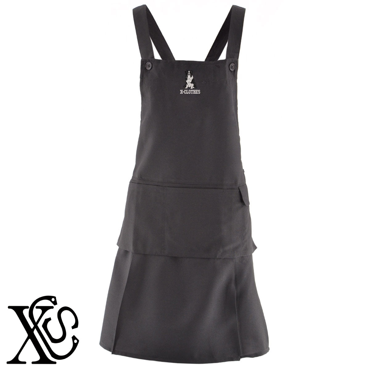ボーダーコリー7柄 刺繍 H型 フリル エプロン ワンピース レディース 撥水加工 裾プリーツ カフェ ノンアイロン 業務用 おしゃれ 飲食店 仕事用 サロン【X-CLOTHES】オリジナル グッズ 刺繍 ワンポイント 雑貨【b 杢ベージュ 杢グレー ブラック】 【10犬猫図鑑-犬図鑑-C】