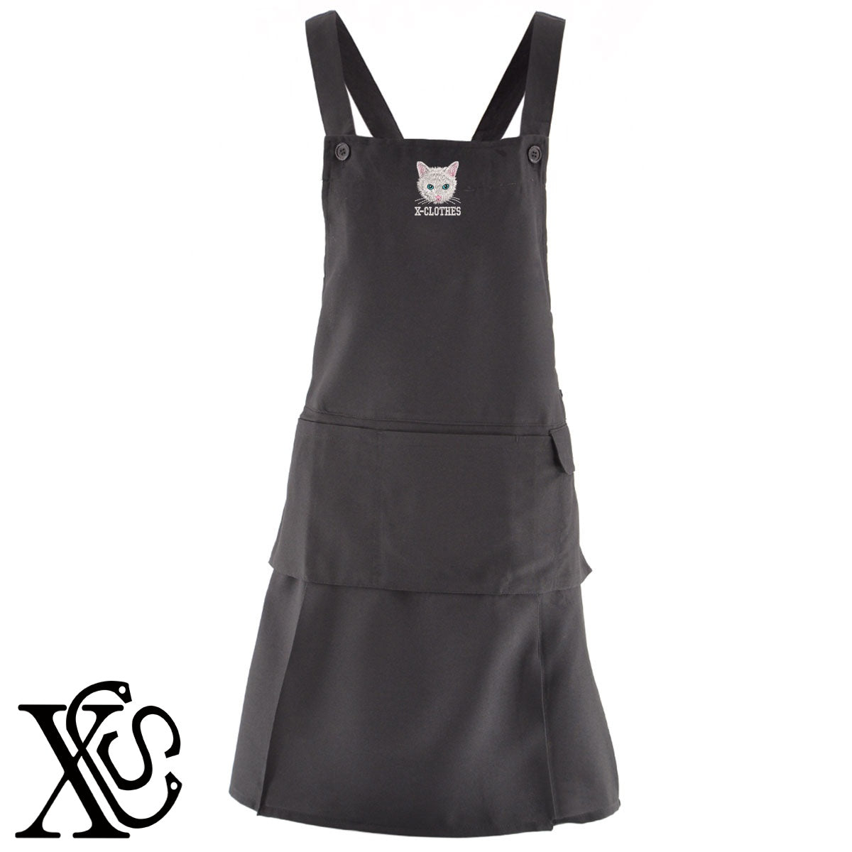 白猫5柄 刺繍 H型 フリル エプロン ワンピース レディース 撥水加工 裾プリーツ カフェ ノンアイロン 業務用 おしゃれ 飲食店 仕事用 サロン【X-CLOTHES】オリジナル グッズ 刺繍 ワンポイント 雑貨【b 杢ベージュ 杢グレー ブラック】 【10犬猫図鑑-猫図鑑-B】