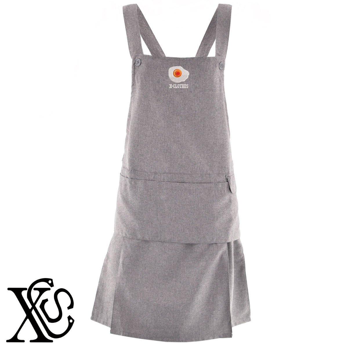 目玉焼き2柄 刺繍 H型 フリル エプロン ワンピース レディース 撥水加工 裾プリーツ カフェ ノンアイロン 業務用 おしゃれ 飲食店 仕事用 サロン【X-CLOTHES】オリジナル グッズ 刺繍 ワンポイント 雑貨【b 杢ベージュ 杢グレー ブラック】 【9趣味料理-料理】