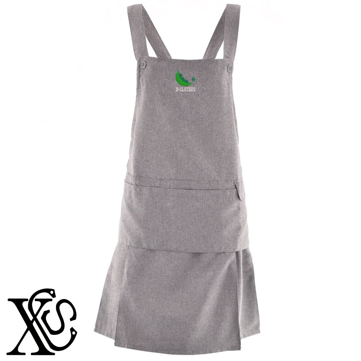 さやえんどう2柄 刺繍 H型 フリル エプロン ワンピース レディース 撥水加工 裾プリーツ カフェ ノンアイロン 業務用 おしゃれ 飲食店 仕事用 サロン【X-CLOTHES】オリジナル グッズ 刺繍 ワンポイント 雑貨【b 杢ベージュ 杢グレー ブラック】 【9趣味料理-食べ物】