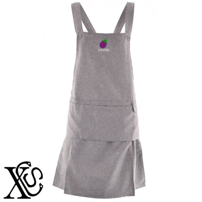 ナス2柄 刺繍 H型 フリル エプロン ワンピース レディース 撥水加工 裾プリーツ カフェ ノンアイロン 業務用 おしゃれ 飲食店 仕事用 サロン【X-CLOTHES】オリジナル グッズ 刺繍 ワンポイント 雑貨【b 杢ベージュ 杢グレー ブラック】 【9趣味料理-食べ物】