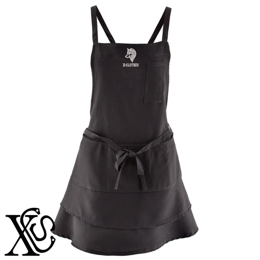 狼5柄 刺繍 フリル ティアード エプロン ワンピース レディース 撥水加工 カフェ 業務用 おしゃれ 飲食店 仕事用 サロン【X-CLOTHES】オリジナル グッズ 刺繍 ワンポイント 雑貨【b 杢ベージュ 杢グレー ブラック】 【1各種動物-猛獣】