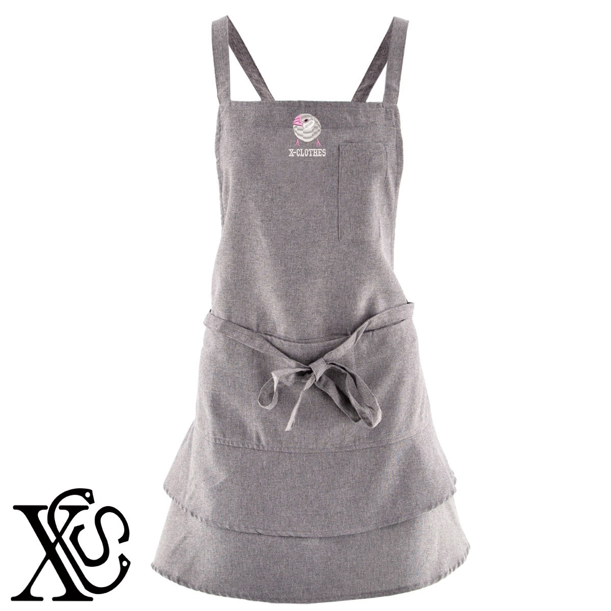 文鳥4柄 刺繍 フリル ティアード エプロン ワンピース レディース 撥水加工 カフェ 業務用 おしゃれ 飲食店 仕事用 サロン【X-CLOTHES】オリジナル グッズ 刺繍 ワンポイント 雑貨【b 杢ベージュ 杢グレー ブラック】 【1各種動物-鳥類】