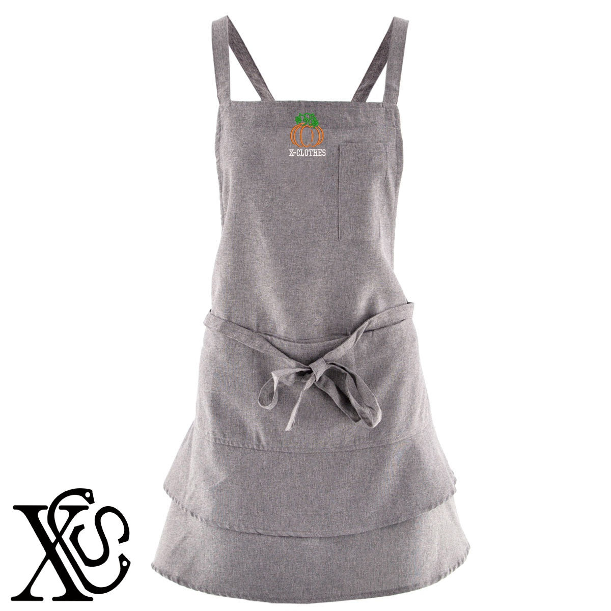 かぼちゃ3柄 刺繍 フリル ティアード エプロン ワンピース レディース 撥水加工 カフェ 業務用 おしゃれ 飲食店 仕事用 サロン【X-CLOTHES】オリジナル グッズ 刺繍 ワンポイント 雑貨【b 杢ベージュ 杢グレー ブラック】 【2植物ロゴ-果物】