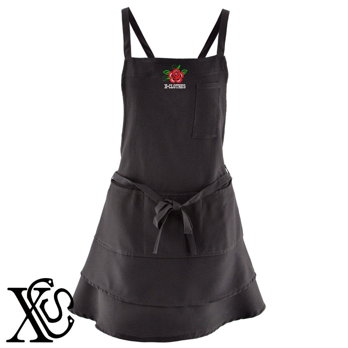 花10柄 刺繍 フリル ティアード エプロン ワンピース レディース 撥水加工 カフェ 業務用 おしゃれ 飲食店 仕事用 サロン【X-CLOTHES】オリジナル グッズ 刺繍 ワンポイント 雑貨【b 杢ベージュ 杢グレー ブラック】 【2植物ロゴ-植物】