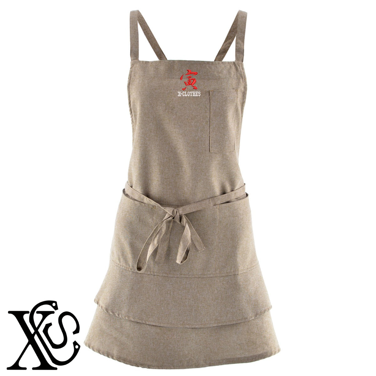 3寅柄 刺繍 フリル ティアード エプロン ワンピース レディース 撥水加工 カフェ 業務用 おしゃれ 飲食店 仕事用 サロン【X-CLOTHES】オリジナル グッズ 刺繍 ワンポイント 雑貨【b 杢ベージュ 杢グレー ブラック】 【3文字標識-干支】