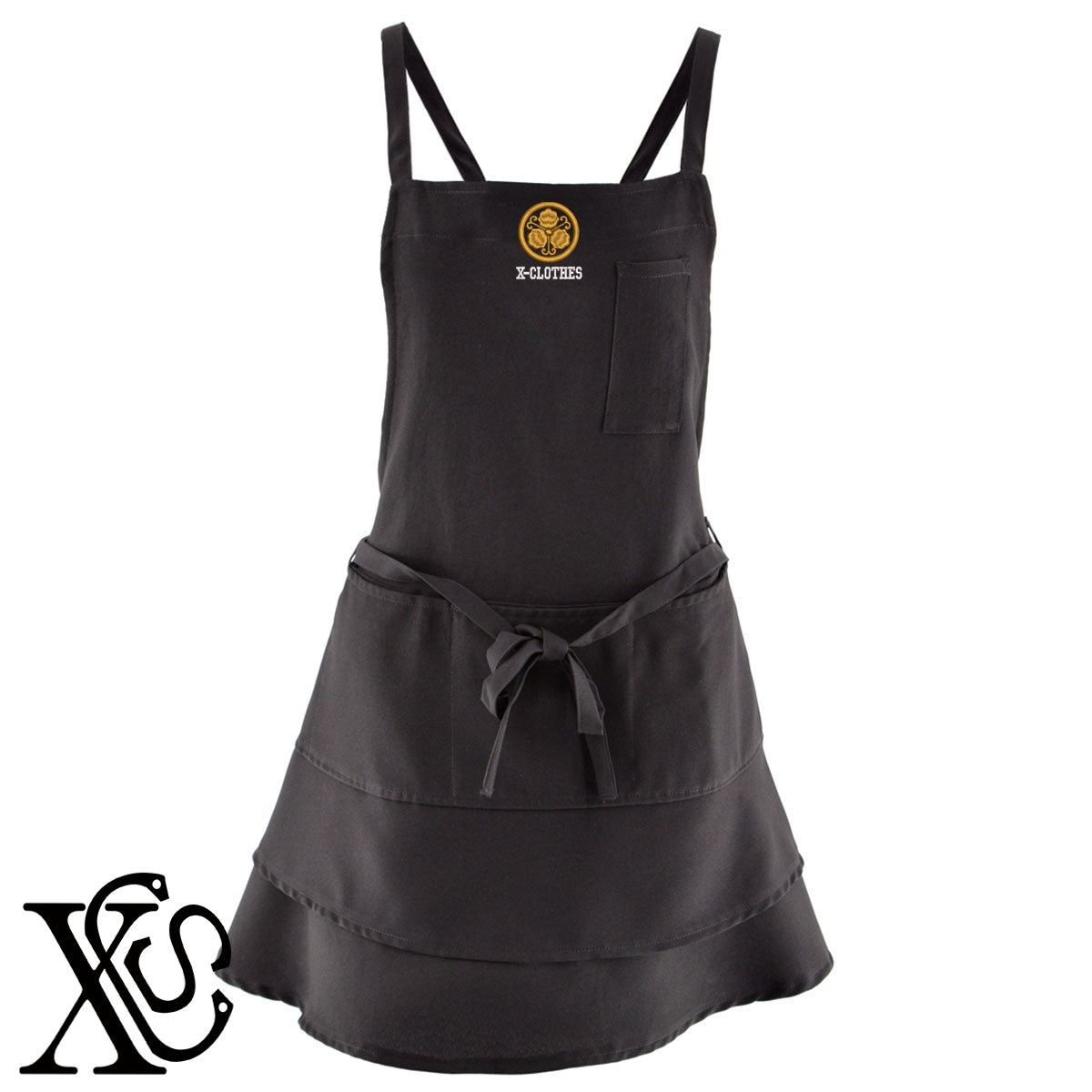 66丸に蔓柏柄 刺繍 フリル ティアード エプロン ワンピース レディース 撥水加工 カフェ 業務用 おしゃれ 飲食店 仕事用 サロン【X-CLOTHES】オリジナル グッズ 刺繍 ワンポイント 雑貨【b 杢ベージュ 杢グレー ブラック】 【7家紋お祝-家紋41-80】