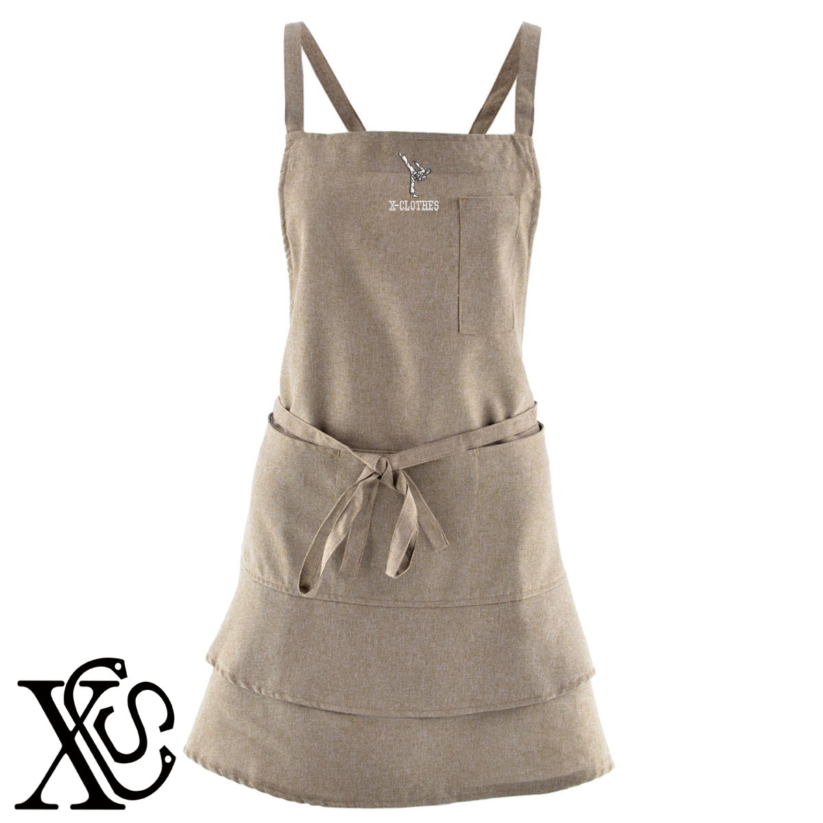 空手9柄 刺繍 フリル ティアード エプロン ワンピース レディース 撥水加工 カフェ 業務用 おしゃれ 飲食店 仕事用 サロン【X-CLOTHES】オリジナル グッズ 刺繍 ワンポイント 雑貨【b 杢ベージュ 杢グレー ブラック】 【8競技音楽-格闘技】