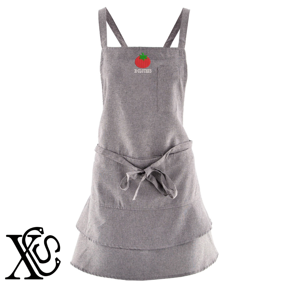 トマト2柄 刺繍 フリル ティアード エプロン ワンピース レディース 撥水加工 カフェ 業務用 おしゃれ 飲食店 仕事用 サロン【X-CLOTHES】オリジナル グッズ 刺繍 ワンポイント 雑貨【b 杢ベージュ 杢グレー ブラック】 【9趣味料理-食べ物】
