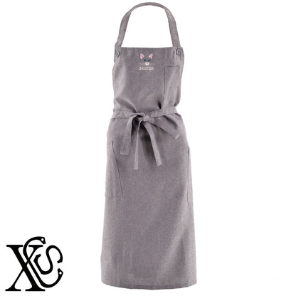 猫顔パーツ2柄 刺繍 首掛け ロング エプロン ワンピース レディース 撥水加工 カフェ 業務用 保育士 飲食店 サロペット サロン【X-CLOTHES】オリジナル グッズ 刺繍 ワンポイント 雑貨【b 杢ベージュ 杢グレー ブラック】 【10犬猫図鑑-猫図鑑-B】