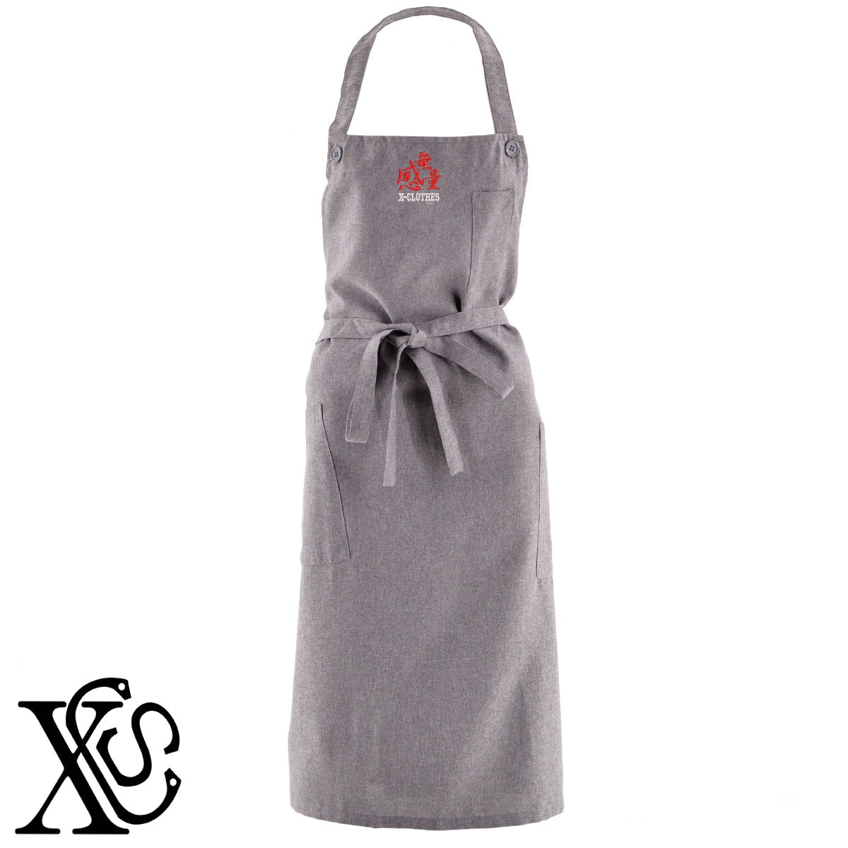 感無量柄 刺繍 首掛け ロング エプロン ワンピース レディース 撥水加工 カフェ 業務用 保育士 飲食店 サロペット サロン【X-CLOTHES】オリジナル グッズ 刺繍 ワンポイント 雑貨【b 杢ベージュ 杢グレー ブラック】 【3文字標識-3文字】