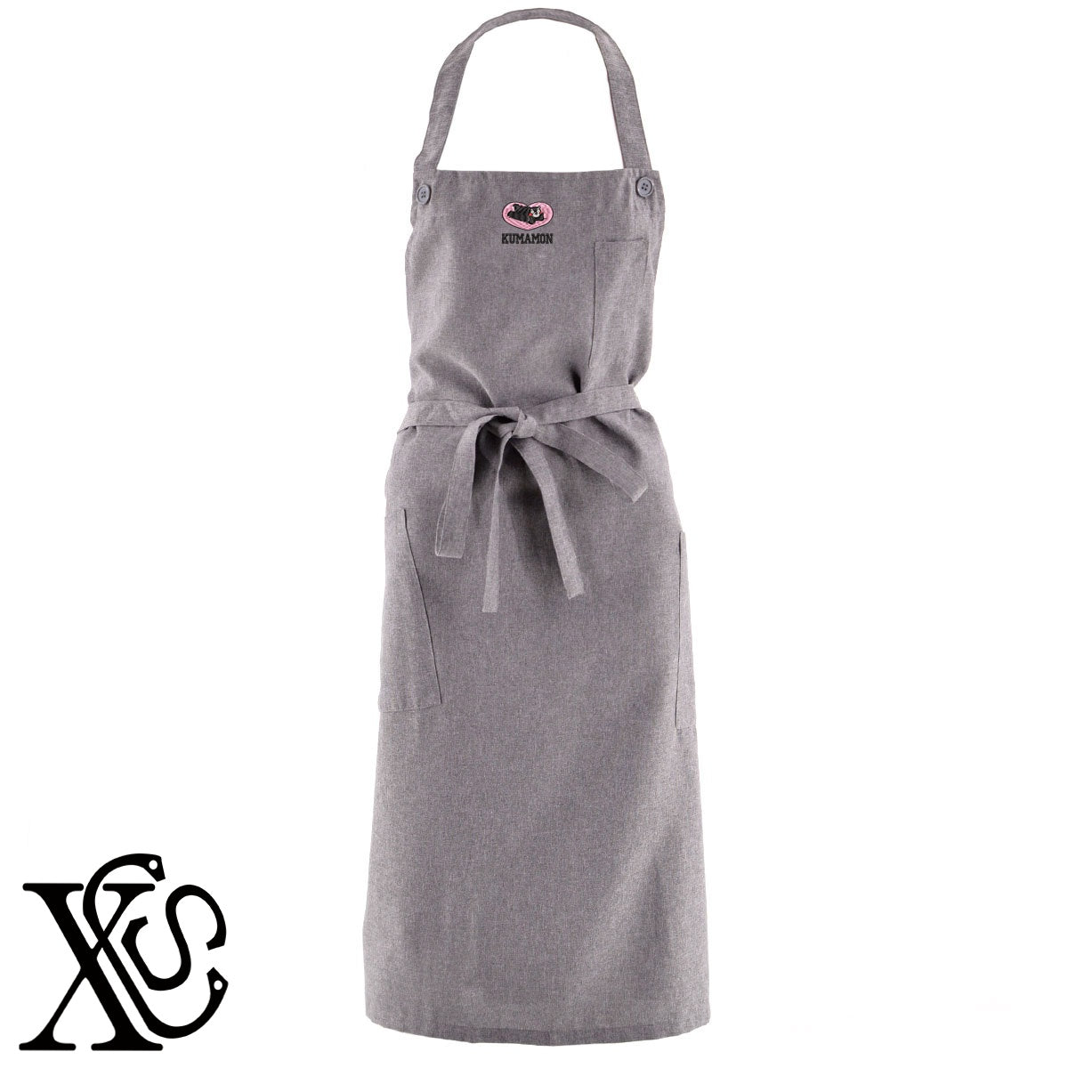 くまモン112柄 刺繍 首掛け ロング エプロン ワンピース レディース 撥水加工 カフェ 業務用 保育士 飲食店 サロペット サロン【X-CLOTHES】オリジナル グッズ 刺繍 ワンポイント 雑貨【b 杢ベージュ 杢グレー ブラック】 【4くまモン-A】