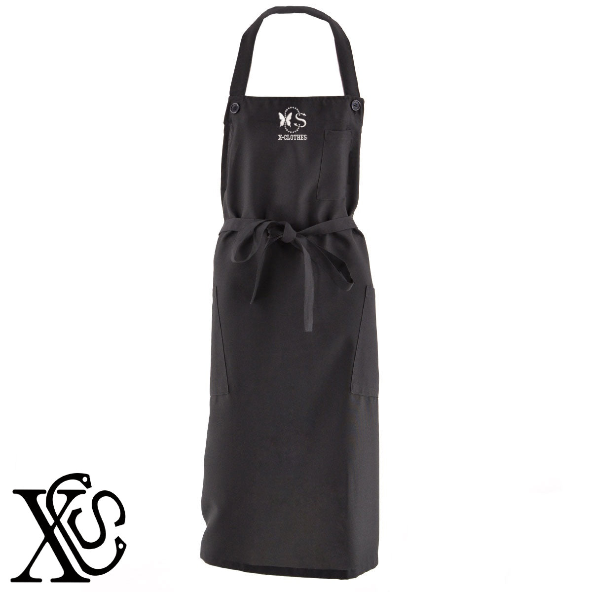X-CLOTHES-6柄 刺繍 首掛け ロング エプロン ワンピース レディース 撥水加工 カフェ 業務用 保育士 飲食店 サロペット サロン【X-CLOTHES】オリジナル グッズ 刺繍 ワンポイント 雑貨【b 杢ベージュ 杢グレー ブラック】 【7家紋お祝-ロゴ】