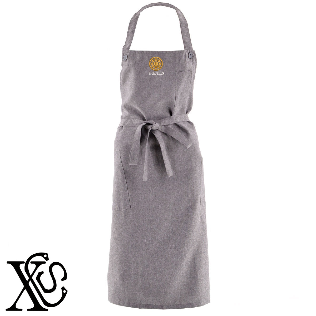 22丸に九つ星柄 刺繍 首掛け ロング エプロン ワンピース レディース 撥水加工 カフェ 業務用 保育士 飲食店 サロペット サロン【X-CLOTHES】オリジナル グッズ 刺繍 ワンポイント 雑貨【b 杢ベージュ 杢グレー ブラック】 【7家紋お祝-家紋1-40】