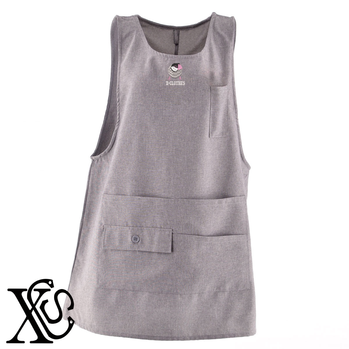 文鳥5柄 刺繍 ミドル エプロン ワンピース レディース 撥水加工 カフェ 業務用 保育士 介護士 飲食店 マタニティ サロペット 大きいサイズ【X-CLOTHES】オリジナル グッズ 刺繍 ワンポイント 雑貨【b 杢ベージュ 杢グレー ブラック】 【1各種動物-鳥類】
