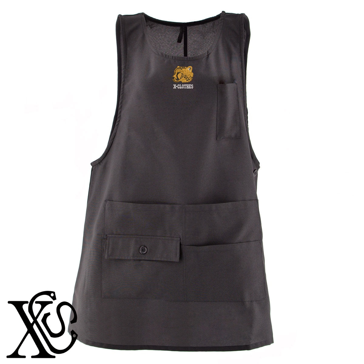 チーター2柄 刺繍 ミドル エプロン ワンピース レディース 撥水加工 カフェ 業務用 保育士 介護士 飲食店 マタニティ サロペット 大きいサイズ【X-CLOTHES】オリジナル グッズ 刺繍 ワンポイント 雑貨【b 杢ベージュ 杢グレー ブラック】 【6動物鳥魚-猛獣】