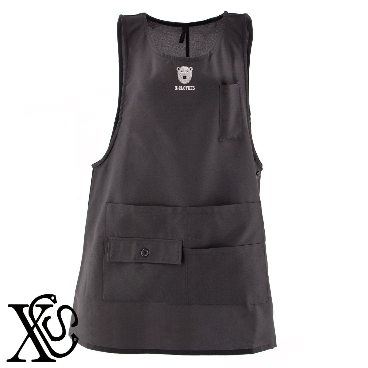 北極クマ2柄 刺繍 ミドル エプロン ワンピース レディース 撥水加工 カフェ 業務用 保育士 介護士 飲食店 マタニティ サロペット 大きいサイズ【X-CLOTHES】オリジナル グッズ 刺繍 ワンポイント 雑貨【b 杢ベージュ 杢グレー ブラック】 【6動物鳥魚-猛獣】