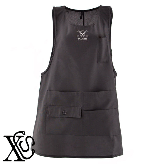 スカル7柄 刺繍 ミドル エプロン ワンピース レディース 撥水加工 カフェ 業務用 保育士 介護士 飲食店 マタニティ サロペット 大きいサイズ【X-CLOTHES】オリジナル グッズ 刺繍 ワンポイント 雑貨【b 杢ベージュ 杢グレー ブラック】 【7家紋お祝-ロゴ】