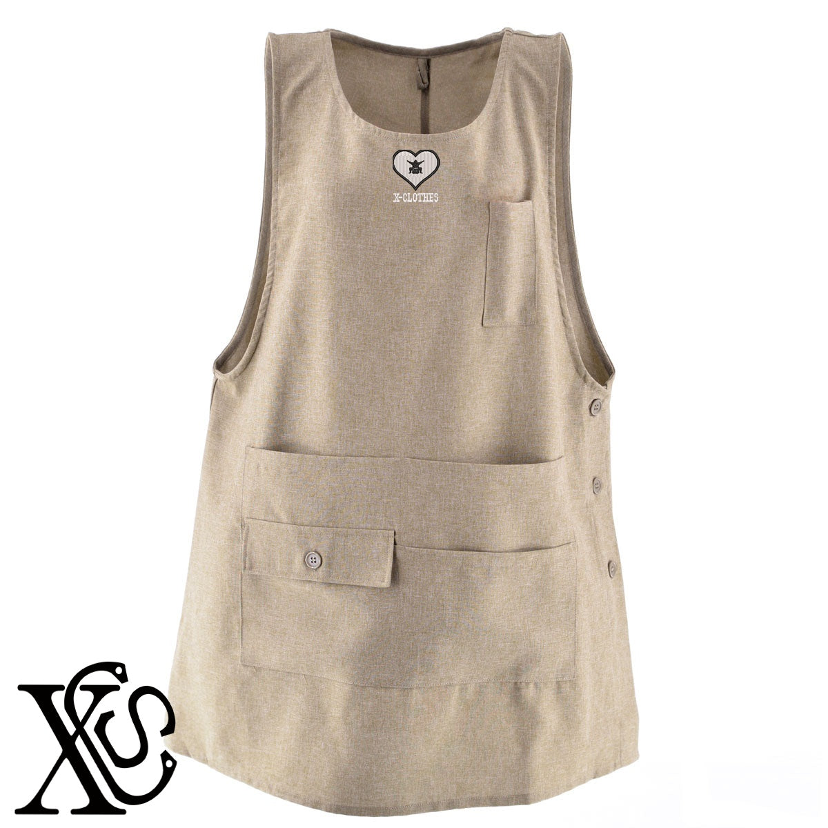 大相撲9柄 刺繍 ミドル エプロン ワンピース レディース 撥水加工 カフェ 業務用 保育士 介護士 飲食店 マタニティ サロペット 大きいサイズ【X-CLOTHES】オリジナル グッズ 刺繍 ワンポイント 雑貨【b 杢ベージュ 杢グレー ブラック】 【8競技音楽-大相撲】