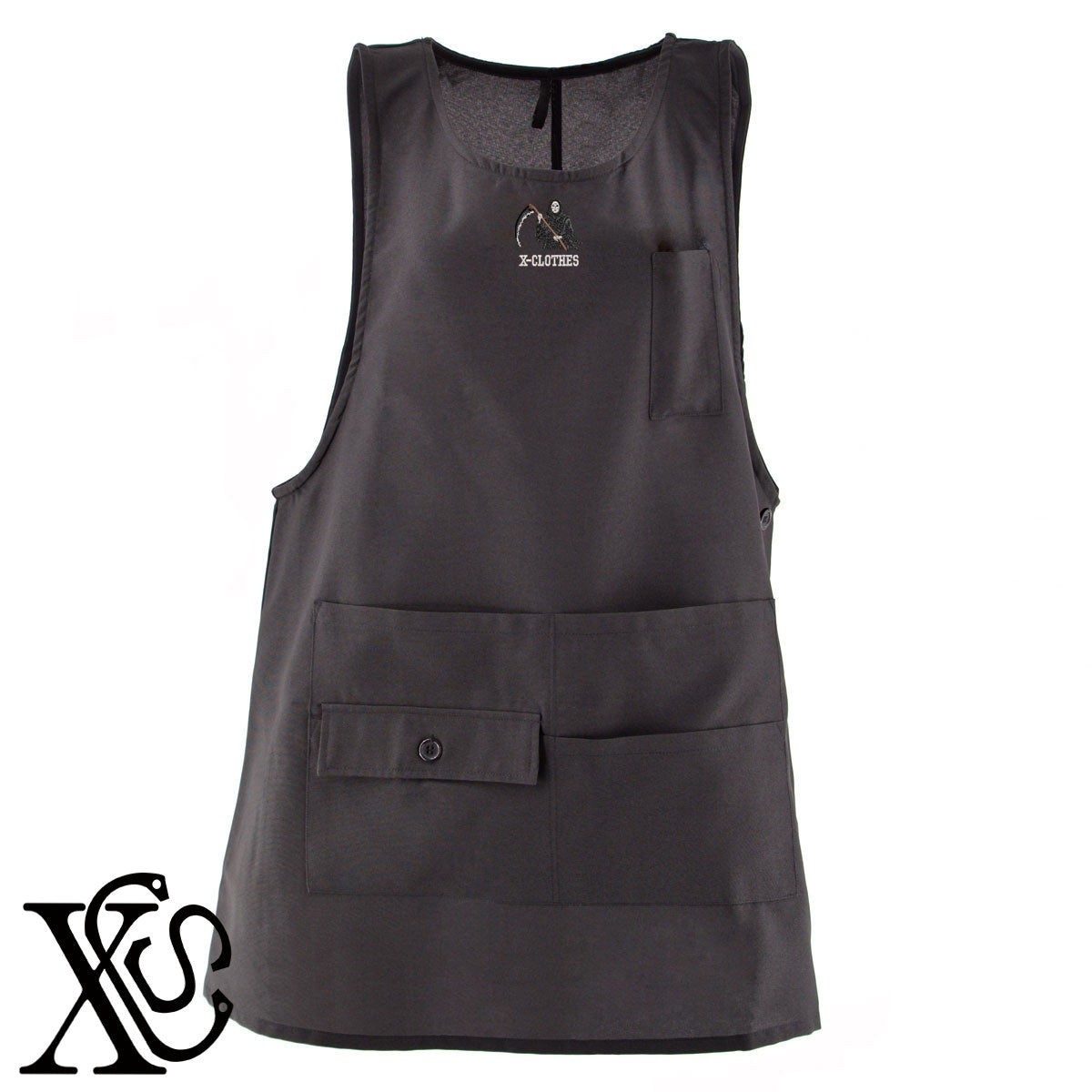 死神3柄 刺繍 ミドル エプロン ワンピース レディース 撥水加工 カフェ 業務用 保育士 介護士 飲食店 マタニティ サロペット 大きいサイズ【X-CLOTHES】オリジナル グッズ 刺繍 ワンポイント 雑貨【b 杢ベージュ 杢グレー ブラック】 【9趣味料理-人物】