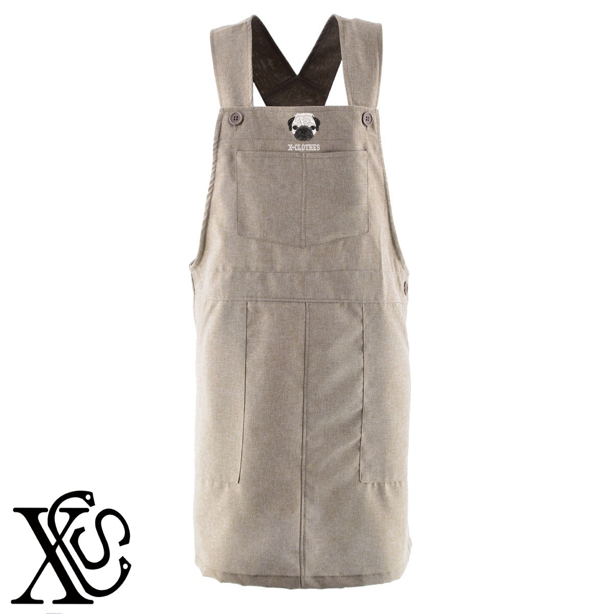 パグ2柄 刺繍 ゆったり エプロン ワンピース レディース 撥水加工 カフェ 業務用 保育士 介護士 飲食店 マタニティ サロペット 大きいサイズ【X-CLOTHES】オリジナル グッズ 刺繍 ワンポイント 雑貨【b 杢ベージュ 杢グレー ブラック】【10犬猫図鑑-犬図鑑-B】